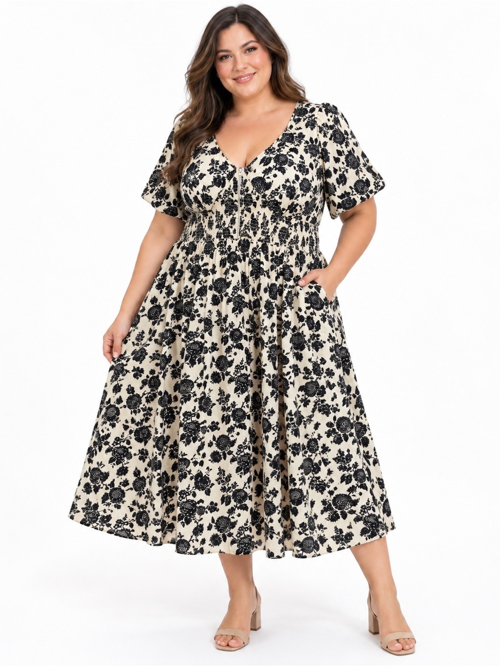 The Drop Daksha Smocked Dress 3X Black White Floral Cotton NWT Plus Size Pockets
